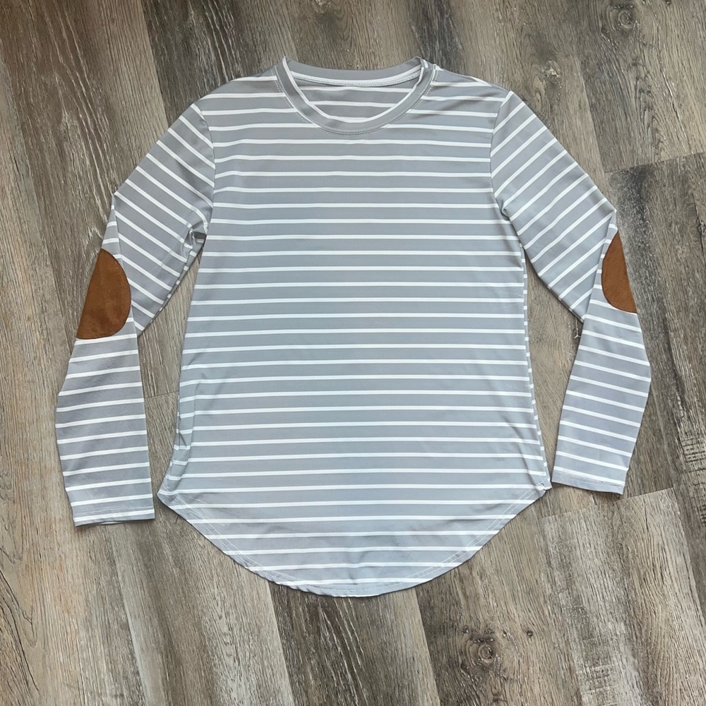 Striped Athletic Material Elbow Patch Long Sleeve… - image 1